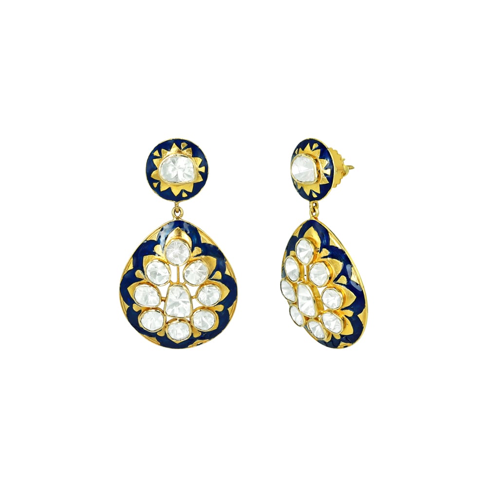 Navy Enamel Drop Earrings with Floral Polkis
